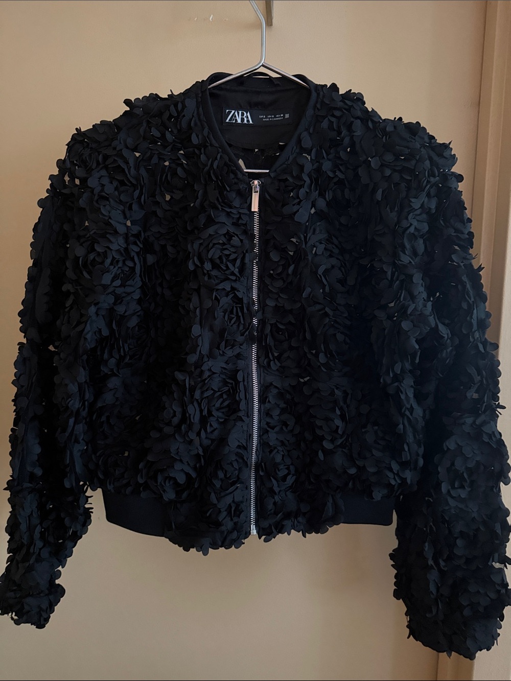 Zara Black 3D Floral Bomber Jacket